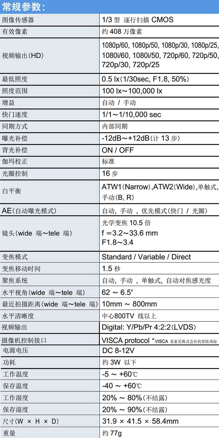VRS-MH8100無人機航拍專用數(shù)字高清機芯參數(shù)圖表